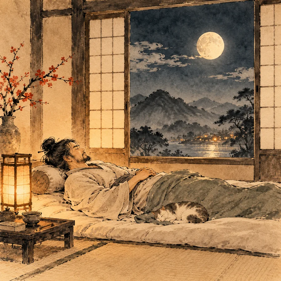 Persona descansando bajo la luna en una habitación serena